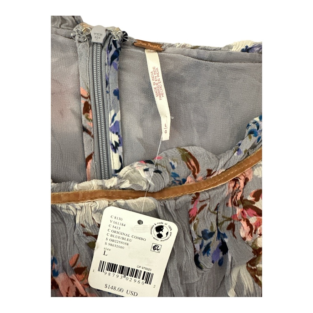 Free People Marney Mini Babydoll Dress Floral Puff Sleeve Velvet Ribbon NWT Sz L - Picture 6 of 8